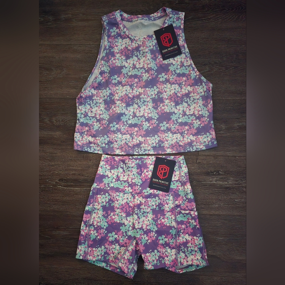 Born Primitive Pink Purple Floral Subtle Flex Tank And Synergy Shorts